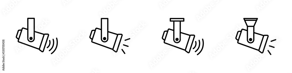 Conjunto de icono de reflector, cámara de seguridad, censor de movimientos. Concepto de video cámara, luz led, tecnología. Ilustración vectorial Conjunto de icono de reflector, cámara de seguridad, censor de movimientos. Concepto de video cámara, luz led, tecnología. Ilustración vectorial