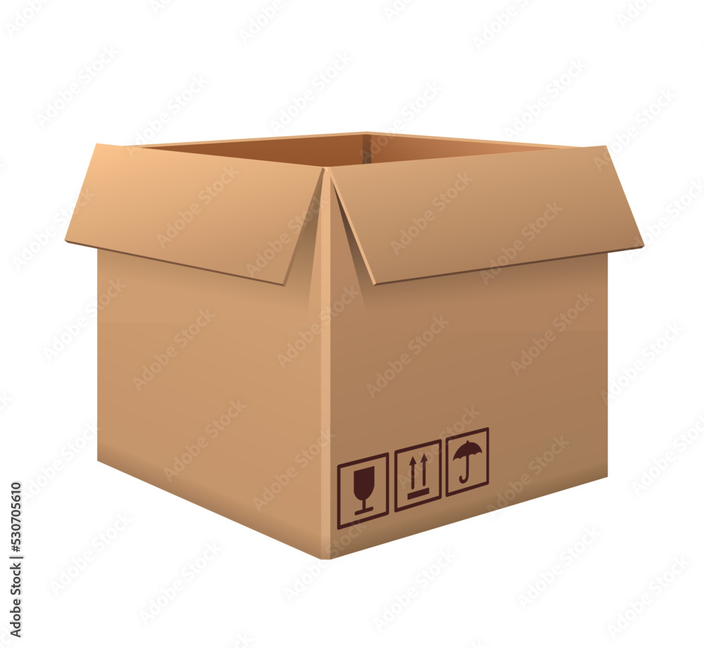 Cardboard brown box. Mockup or container layout for parcels and delivery. Side view. Design element for promotional posters. Realistic isometric vector illustration isolated on white background Cardboard brown box. Mockup or container layout for parcels and delivery. Side view. Design element for promotional posters. Realistic isometric vector illustration isolated on white background