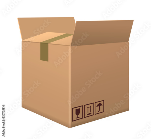 Cardboard brown box. Empty paper container for storing orders and delivering parcels. Design element for websites and mail apps. Realistic isometric vector illustration isolated on white background