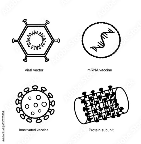 The four types of COVID-19 vaccines: Viral vector, mRNA, Protein subunits and Inactivated virus that represent black and white icon.