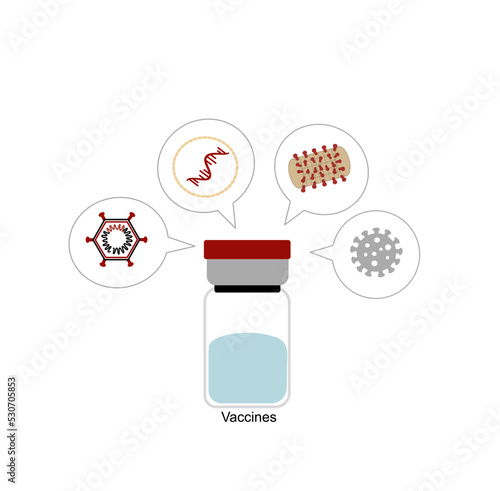 The concept icon of current vaccine in uses for immunize to pathogen such as COVID-19 that represent in 4 types:  Viral vector, mRNA, Protein subunits and inactivated virus in vials tube.