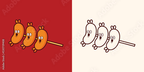 Funny cute mustard sausage character. Vector hand drawn kawaii cartoon character illustration icon. Mustard sausage character concept, for posters, menus, brochures, web and fast food icons