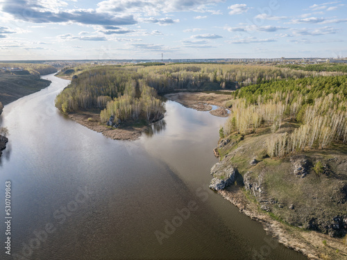 Confluence of the Iset and Kamenka rivers in the city Kamensk-Uralskiy. Iset and Kamenka rivers, Kamensk-Uralskiy, Sverdlovsk region, Ural mountains, Russia. Aerial view