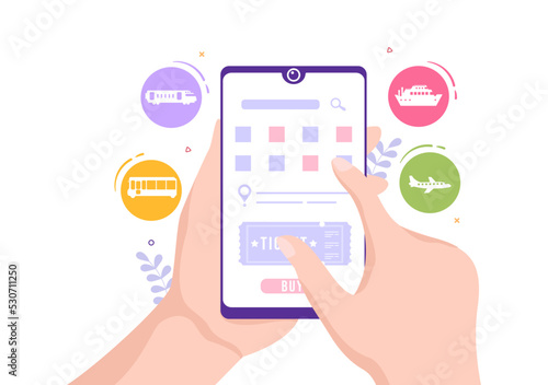 Ticket Travel Online Booking Service App on Smartphone Template Hand Drawn Cartoon Flat Illustration for Trip Planning