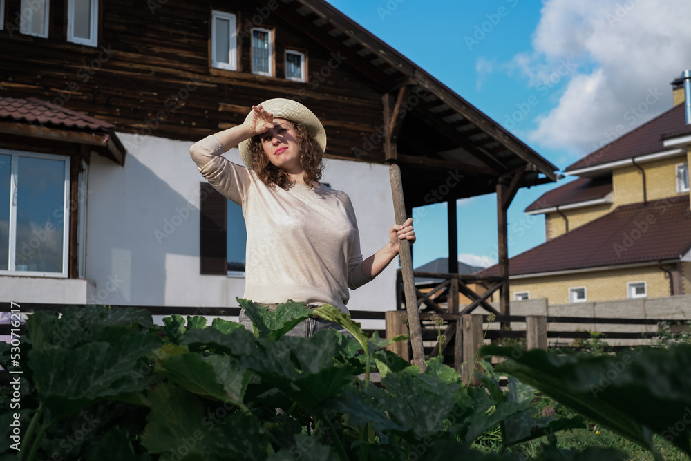 Fototapeta premium A farmer female working in organic greenhouse. Woman growing bio plants, tomatoes and herbs in farm garden. The concept of harvesting. Summer and autumn on the farm.