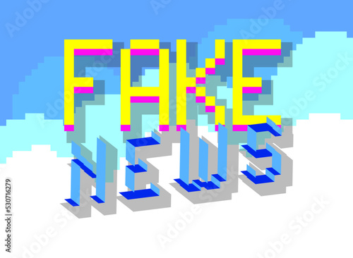 Fake News. Pixelated word with geometric graphic background. Vector cartoon illustration.