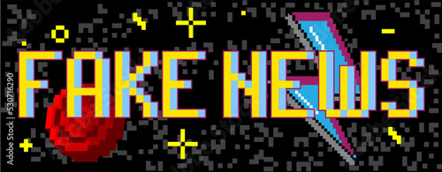 Fake News. Pixelated word with geometric graphic background. Vector cartoon illustration.