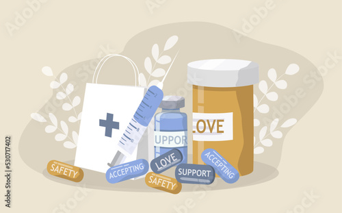 vector illustration on the topic of help with mental disorders. various pills with inscriptions - support, accepting, safety, safe space. trend illustration in flat style