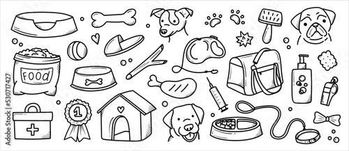 set of dog grooming elements hand drawn in doodle style cartoon style