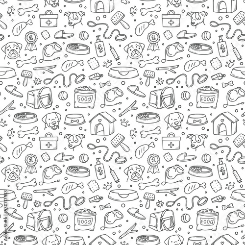 pattern of pet products elements drawn in hand-style doodle