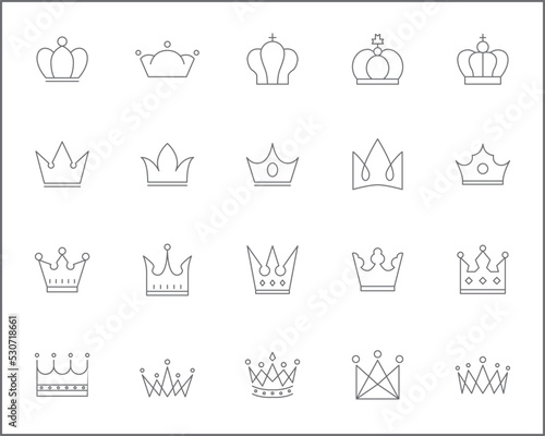 Simple Set of crown Related Vector Line Icons. 
Vector collection of king and queen crowns symbols or logo elements in thin outline.