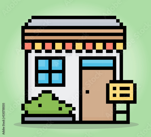 Fototapeta Naklejka Na Ścianę i Meble -  8 bit pixel shop. marketing home icon for game assets and cross stitches in vector illustrations.