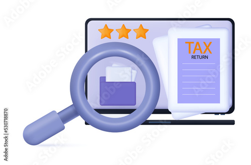 Submit your tax return online. Electronic form of the annual report, archival documents 3d. Successful completion of the income tax return. Financial page, list. Magnifying glass, refund. Vector.