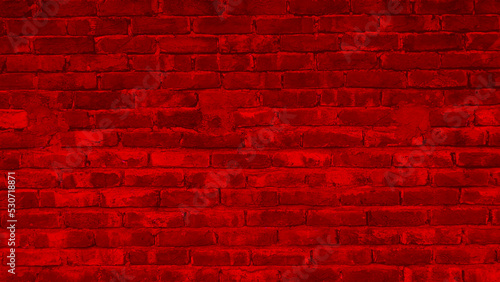 Stained Uneven Old Stucco Painted Red Brick Wall. Abstract Brick wall Background Texture. Modern Style Design Home House Interior. Beautiful Horizontal Wallpaper With Copy Space.
