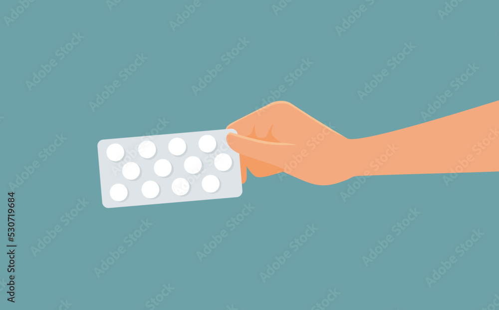 Hand Holding a Pack of Pills Vector Cartoon Illustration. Patient holding a blister pack of medication for curing illness
 - obrazy, fototapety, plakaty 