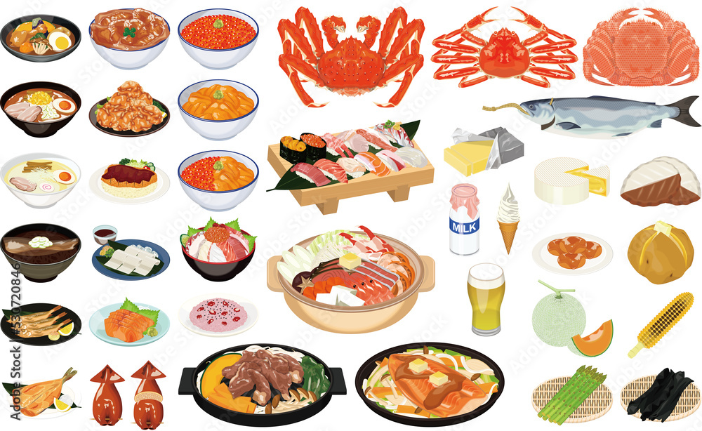 北海道の人気グルメ・名産のアイコン①(ジンギスカン、お寿司、ラーメン、かに、いくら、うに) 北海道の人気グルメ・名産のアイコン①(ジンギスカン、お寿司、ラーメン、かに、いくら、うに)
