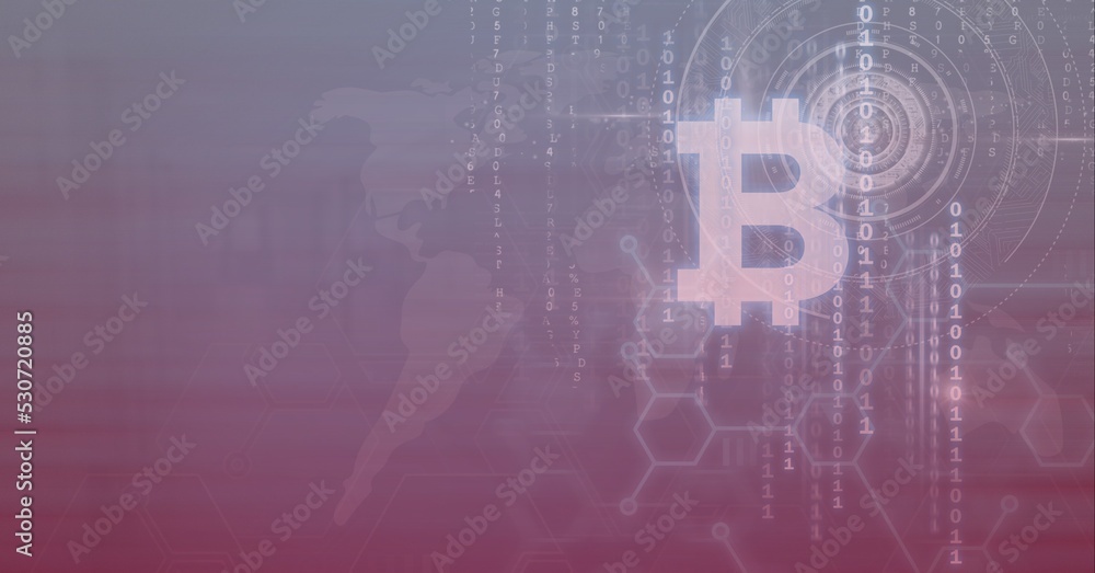 Obraz premium Composition of bitcoin symbol, binary coding processing on world map background
