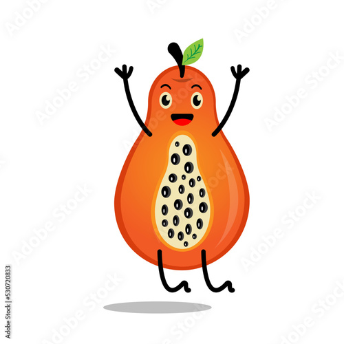a tropical fruit called papaya which is made into a kawaii mascot jumping for joy