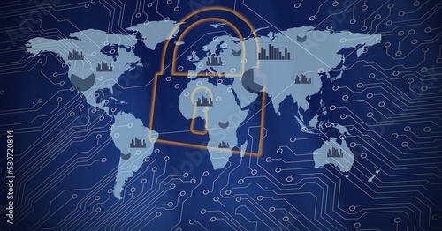 Composition of security padlock, world map over computer circuit board on blue background