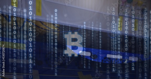 Composition of bitcoin symbol, binary coding processing on computer background