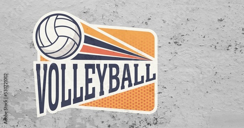 Composition of orange, white and black volleyball logo design with ball, on textured concrete