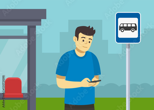 Young male character is using mobile phone while he waits for city bus. Close-up view of a passenger at bus stop. Flat vector illustration template.