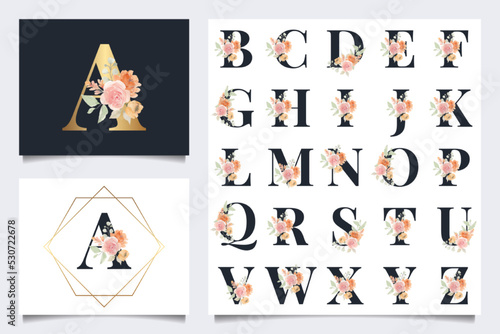 Beautiful alphabet collection with leaf watercolor decoration