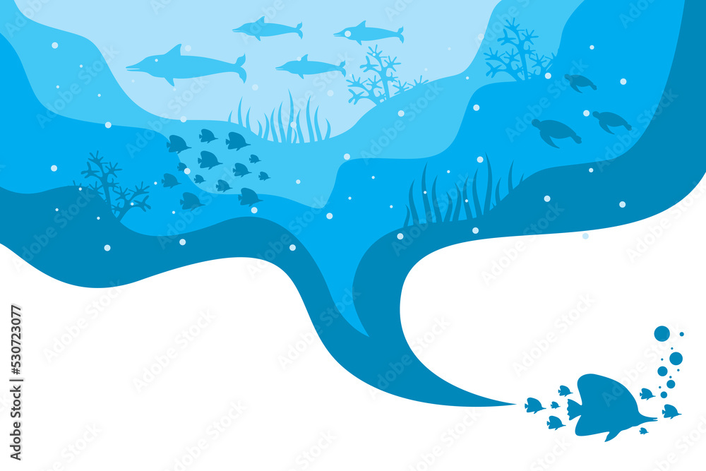 Naklejka premium Happy world ocean day. Underwater life. Vector illustration of underwater life