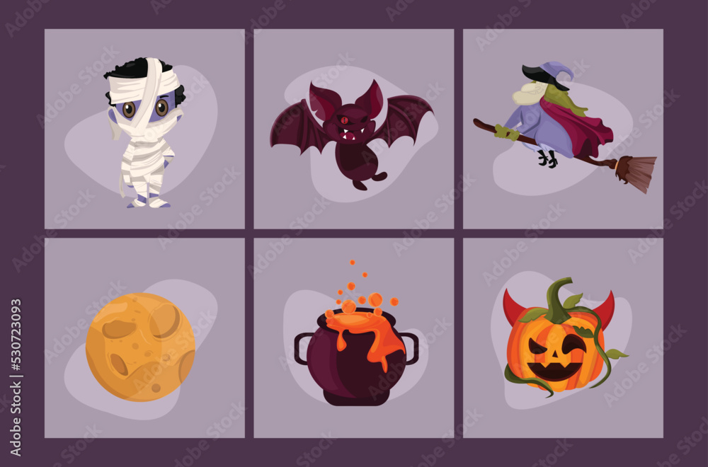 Fototapeta premium set of colorful Halloween design elements. Pumpkin, vampire, skull, cat, cute character illustration on purple background.