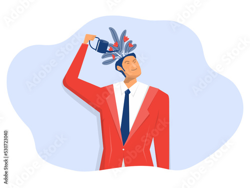 growth mindset mindset. business man watering plant on his head with watering can.Thinking positive  symbolizes a happy idea flat vector illustration