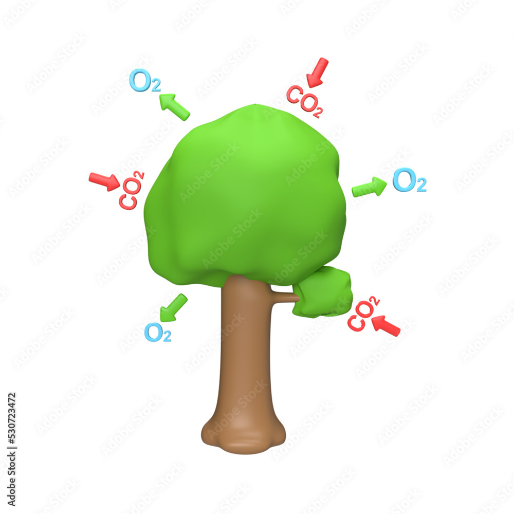 trees absorb carbon dioxide and produce oxygen 3d icon and symbol