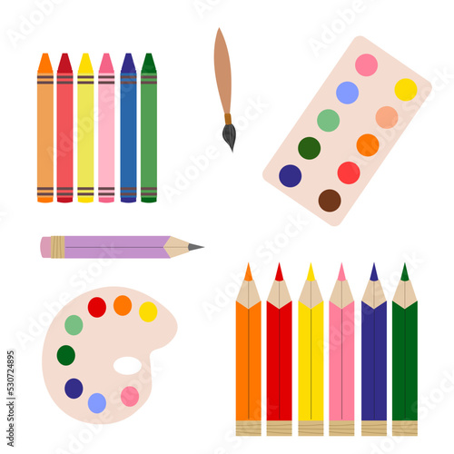 vector illustration cute set of damn creativity colored pencils, paints, palettes, felt-tip pens,