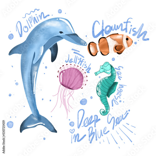 Various sea creatures including seahorses, dolphins, clownfish and jellyfish Fototapet