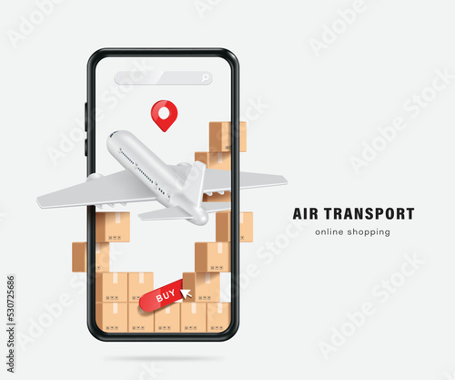Aircraft transporting parcels from abroad,multiple parcel boxes stacked on top of each other and there is buy icon at bottom There is pin for sending items to customers at top and all on smartphone