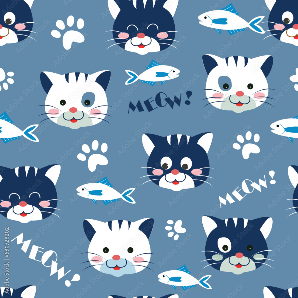 Cute white and blue cat face with ornament  seamless pattern