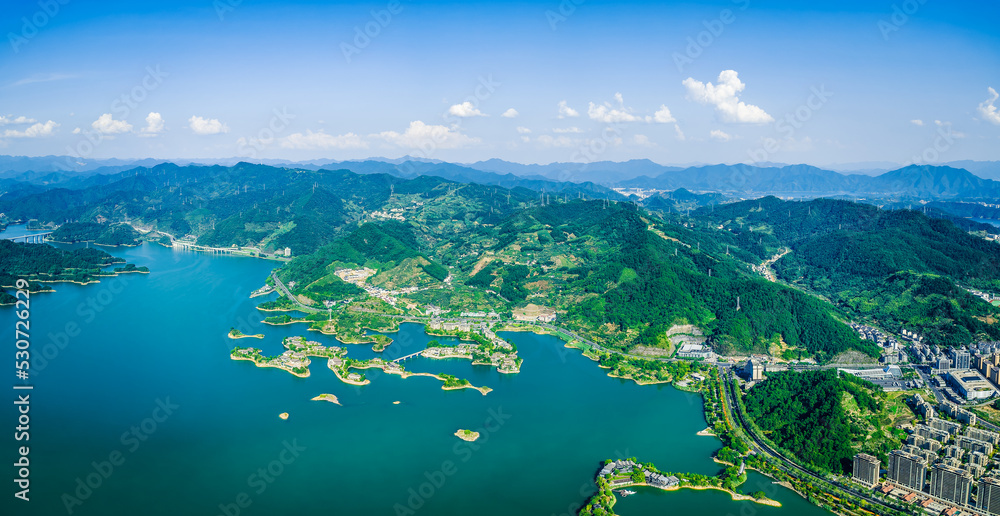 Aerial view of beautiful Thousand Island Lake natural scenery in summer, Hangzhou, Zhejiang Province, China. Clean lake water and green mountain nature landscape.