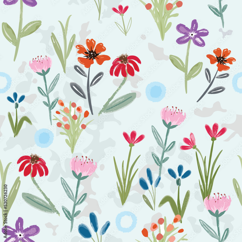 Water color flower with green leaf seamless pattern