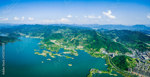 Aerial view of beautiful Thousand Island Lake natural scenery in summer  Hangzhou  Zhejiang Province  China. Clean lake water and green mountain nature landscape.