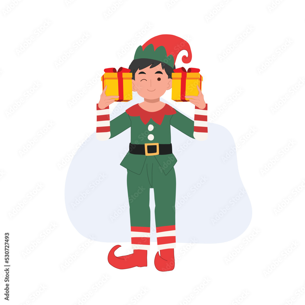 Cute young christmas elf boy with present box. vector illustration