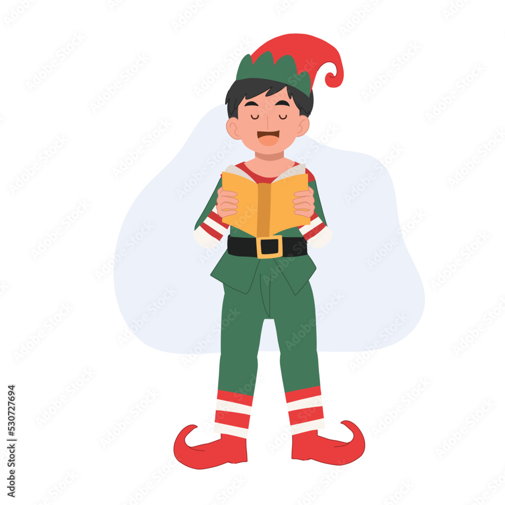 Young christmas elf kid is singing a song. vector illustration Young christmas elf kid is singing a song. vector illustration