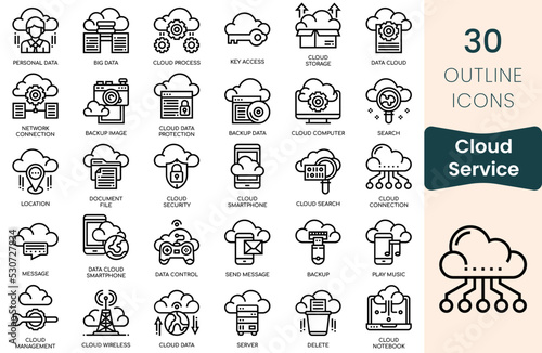 Cloud Service icon set. Thin outline icons pack. Vector illustration