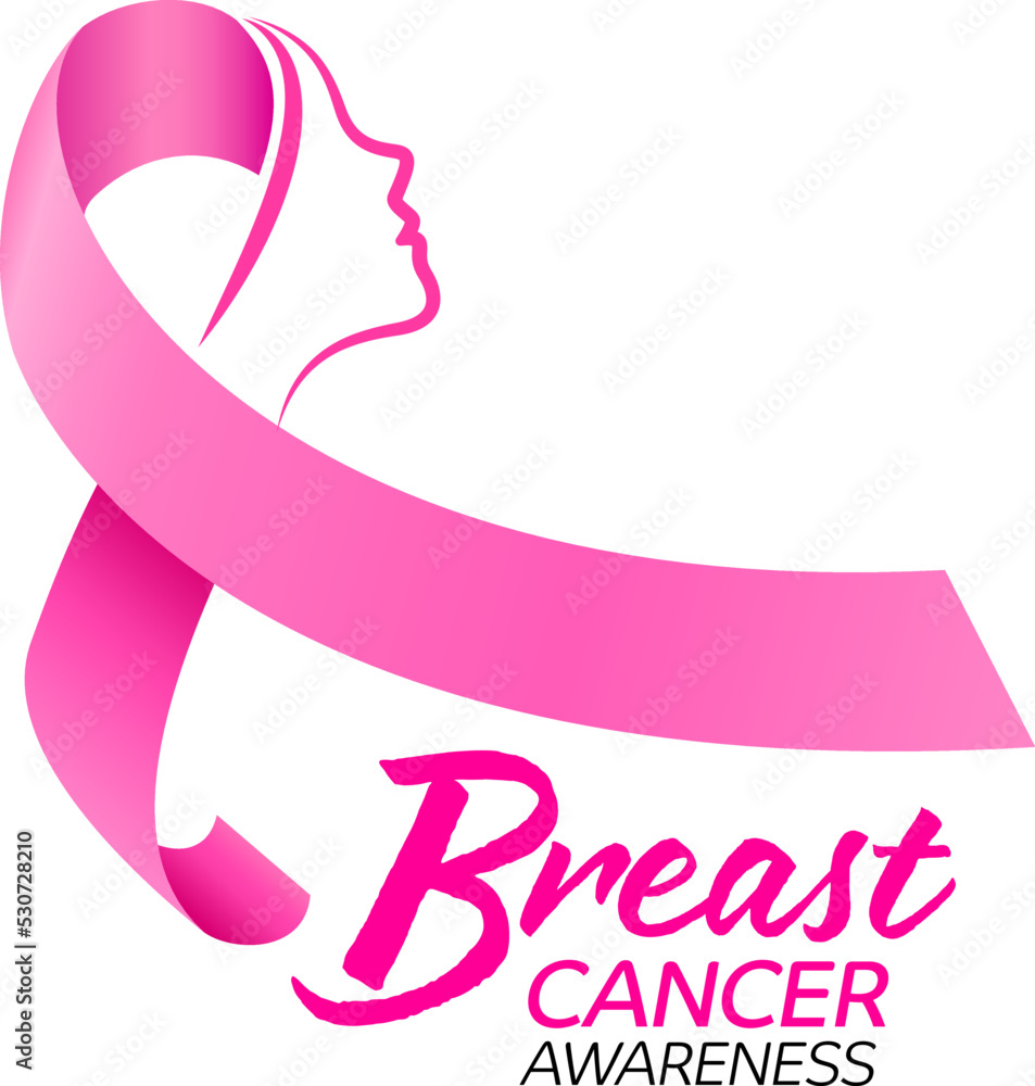 Pink ribbon  with woman face. Breast cancer awareness month campaign. Vector illustration.