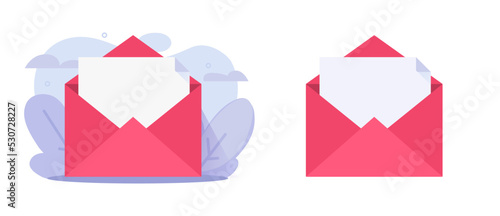 Open letter paper in envelope blank icon vector or email invitation card mockup template flat, mail document message reading, greeting postcard idea, postal empty note graphic illustration isolated