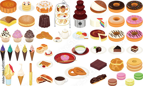 世界の人気お菓子・スイーツのアイコン①（アフタヌーンティー、チョコフォンデュ、ケーキ、ドーナツ）