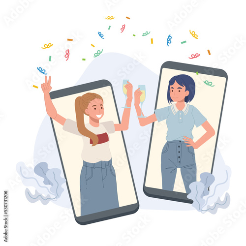 Online party, meeting friends. Online Friendship concept. Communication via video chat using an app on smartphone. Women friends have fun at home. Vector illustration
