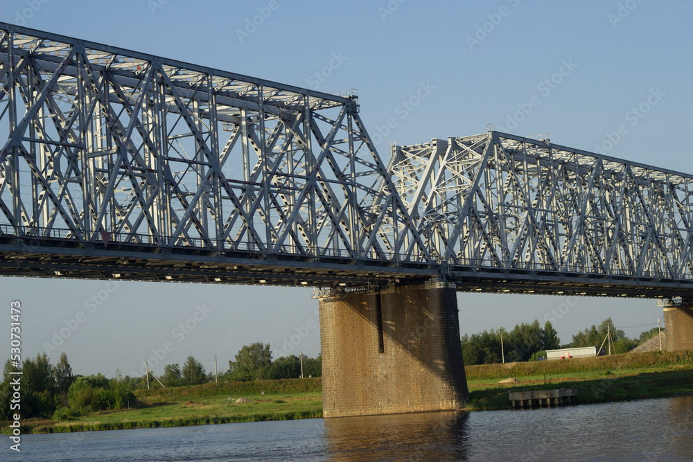A huge beautiful railway bridge on the Volga, a navigable span. Yaroslavl, A huge beautiful railway bridge on the Volga, a navigable span. Yaroslavl,