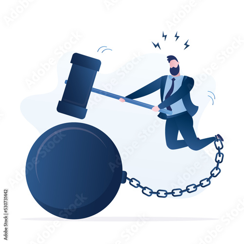 Confidence businessman use big hammer to break chain burden. Break free or breaking bad habits or routines for freedom, pay off debt, destroy shackle or fear burden, escape and liberation.