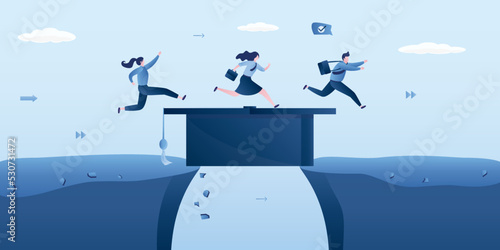 Businesspeople or students run on graduation hat scroll as bridge to cross gap. Education or business degree to help career growth, skills improvement of knowledge. MBA education.