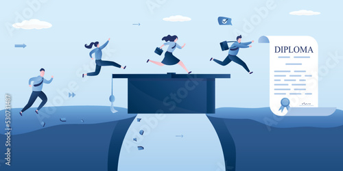 Businesspeople or students run on graduation hat scroll as bridge to cross gap and take diploma. MBA education or business degree to help career growth, skills improvement of knowledge.