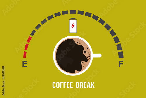 Measuring scale with cup of coffee. Battery charge, full energy indicator after coffee or tea break. Power on. Printable banner, web promotion poster, template. Top view.